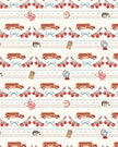 A repeating vintage-style school-themed pattern on a cream background, featuring red cherries, blue bows, tan school buses, a pink backpack, a clock, a pencil box, a notebook, and small illustrated objects.