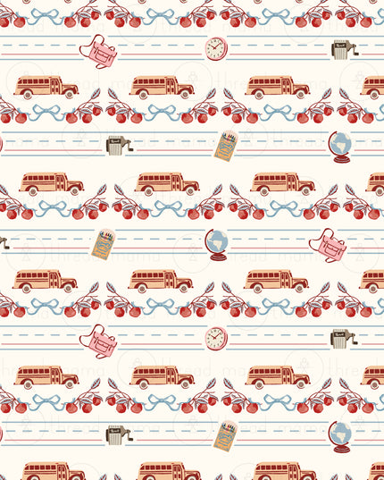 A repeating vintage-style school-themed pattern on a cream background, featuring red cherries, blue bows, tan school buses, a pink backpack, a clock, a pencil box, a notebook, and small illustrated objects.