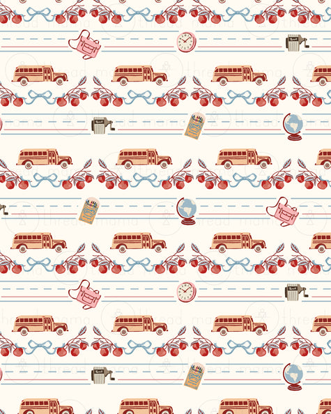 A repeating vintage-style school-themed pattern on a cream background, featuring red cherries, blue bows, tan school buses, a pink backpack, a clock, a pencil box, a notebook, and small illustrated objects.