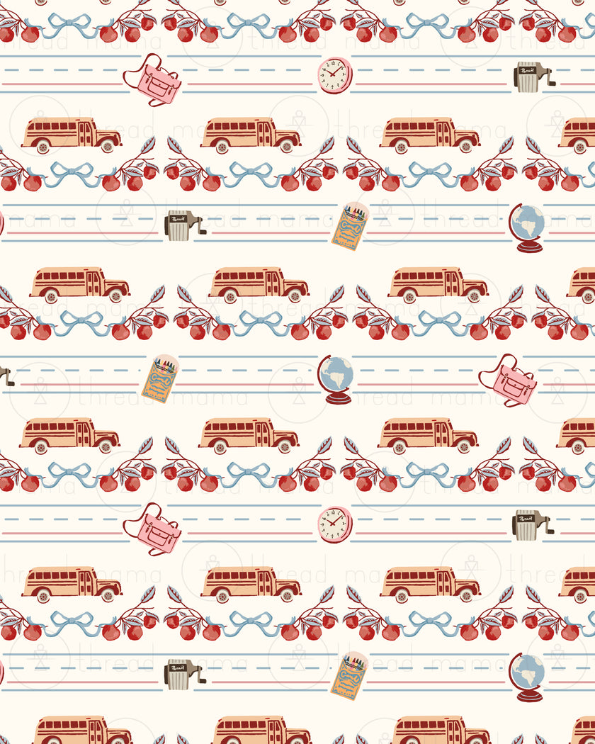 A repeating vintage-style school-themed pattern on a cream background, featuring red cherries, blue bows, tan school buses, a pink backpack, a clock, a pencil box, a notebook, and small illustrated objects.