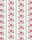 A repeating vertical pattern featuring small red school houses, globes, ABC, florals, red apples, blue bows, pink bows, and blue leafy stems on an off-white background.