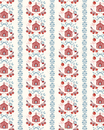 A repeating vertical pattern featuring small red school houses, globes, ABC, florals, red apples, blue bows, pink bows, and blue leafy stems on an off-white background.