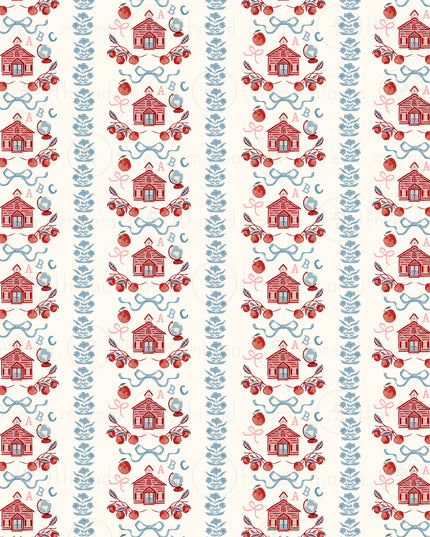A repeating vertical pattern featuring small red school houses, globes, ABC, florals, red apples, blue bows, pink bows, and blue leafy stems on an off-white background.