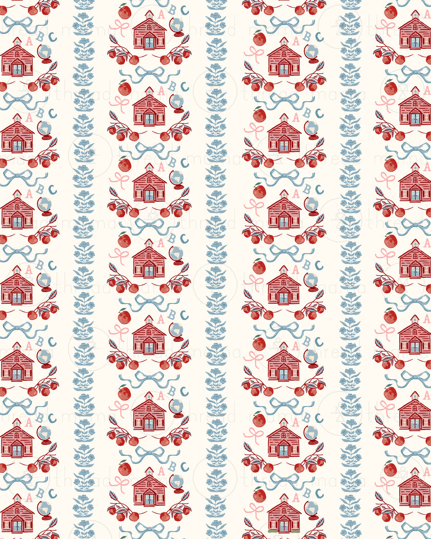 A repeating vertical pattern featuring small red school houses, globes, ABC, florals, red apples, blue bows, pink bows, and blue leafy stems on an off-white background.