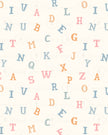 A repeating pattern of scattered alphabet letters in muted pastel shades of blue, pink, and orange on various background options.