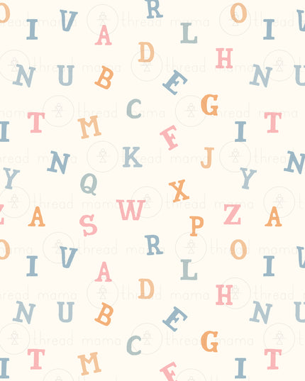 A repeating pattern of scattered alphabet letters in muted pastel shades of blue, pink, and orange on various background options.