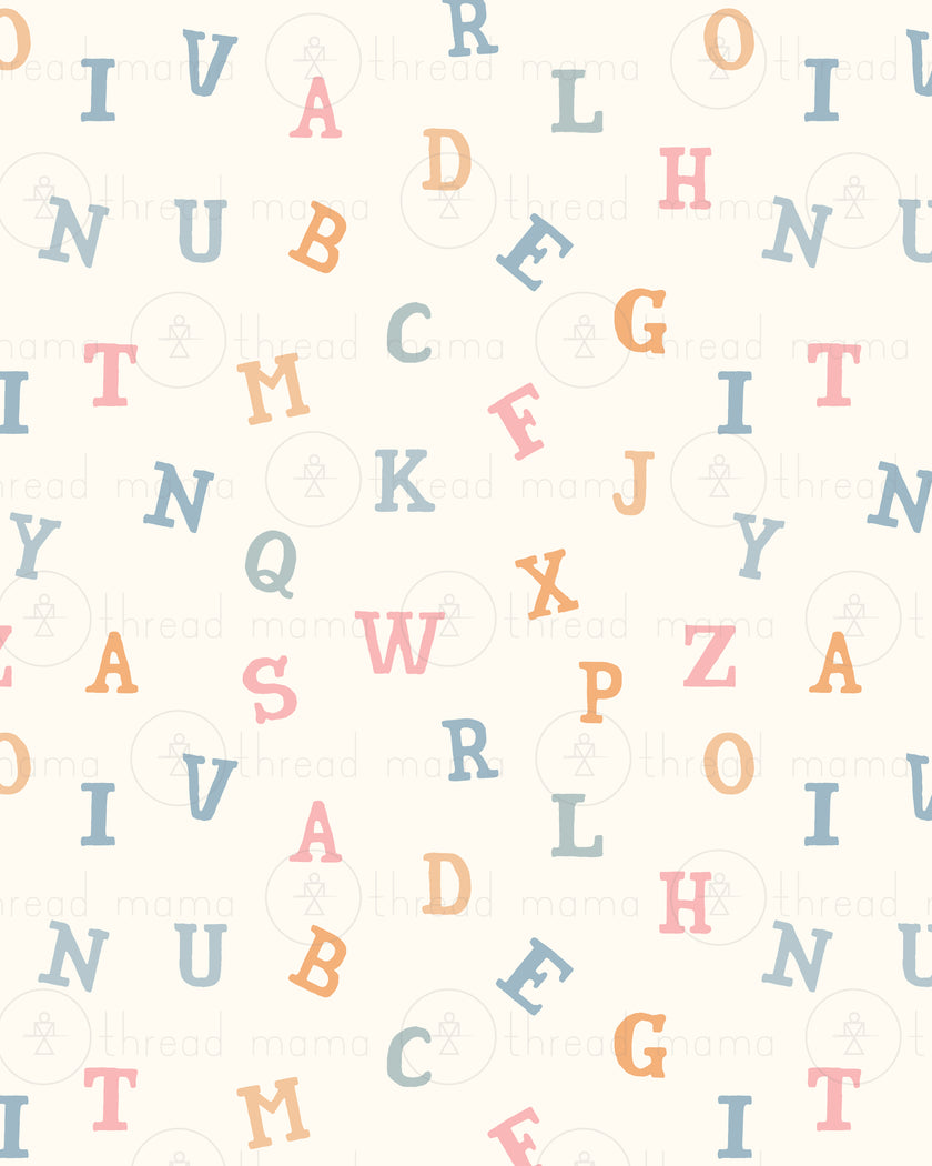 A repeating pattern of scattered alphabet letters in muted pastel shades of blue, pink, and orange on various background options.