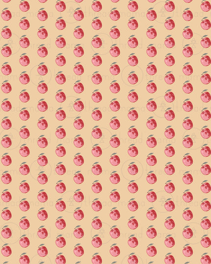 A repeating pattern of small pink and red apples with green stems on a yellow background.