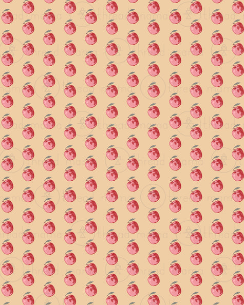 A repeating pattern of small pink and red apples with green stems on a yellow background.