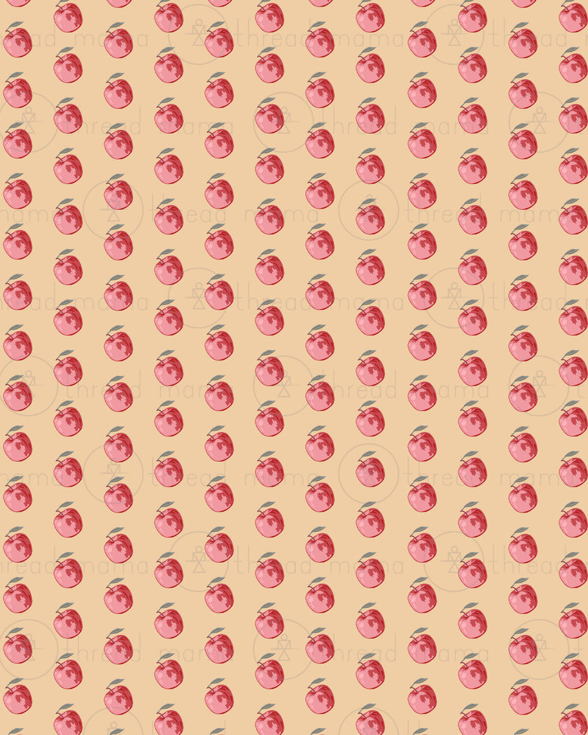 A repeating pattern of small pink and red apples with green stems on a yellow background.
