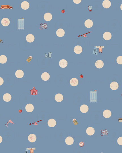 A repeating pattern of large cream-colored polka dots and school items over a blue background.