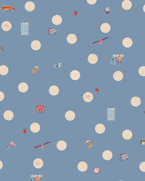 A repeating pattern of large cream-colored polka dots and school items over a blue background.