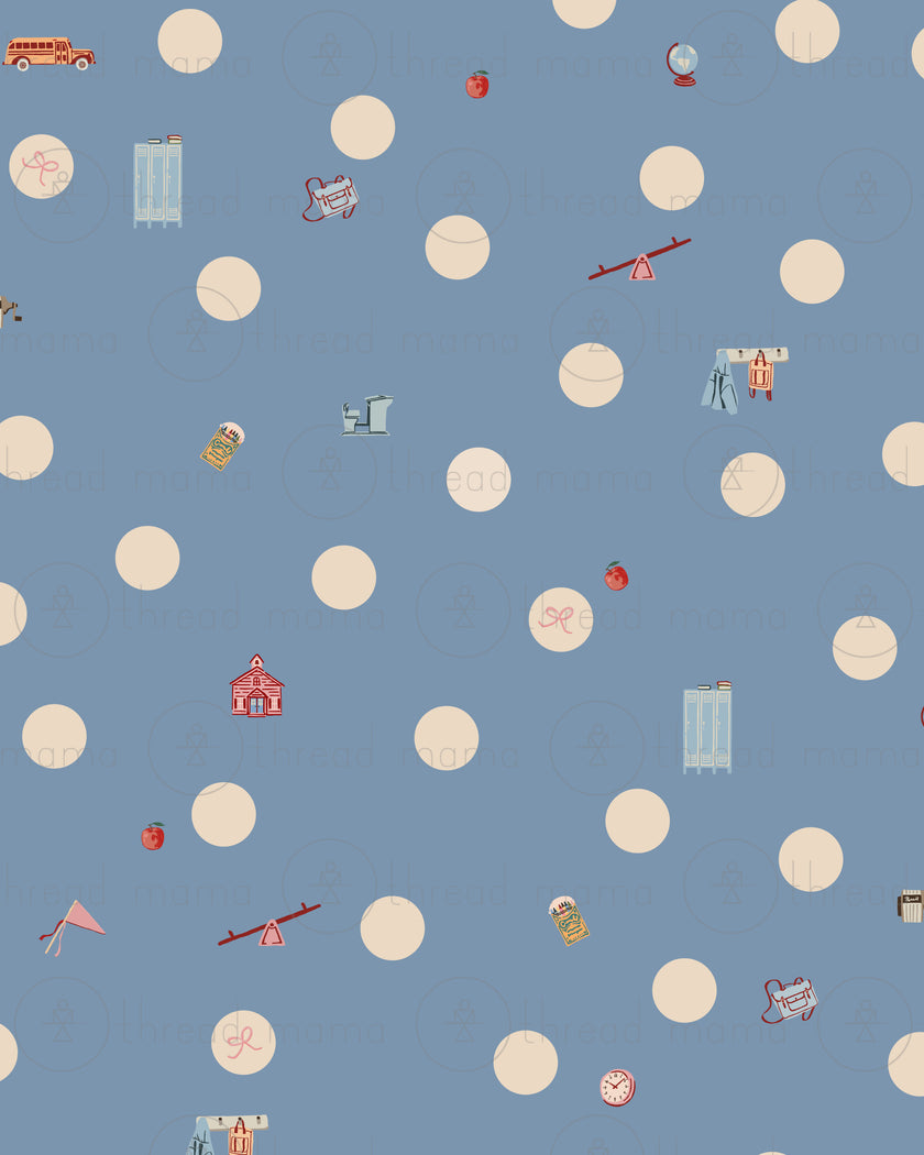 A repeating pattern of large cream-colored polka dots and school items over a blue background.